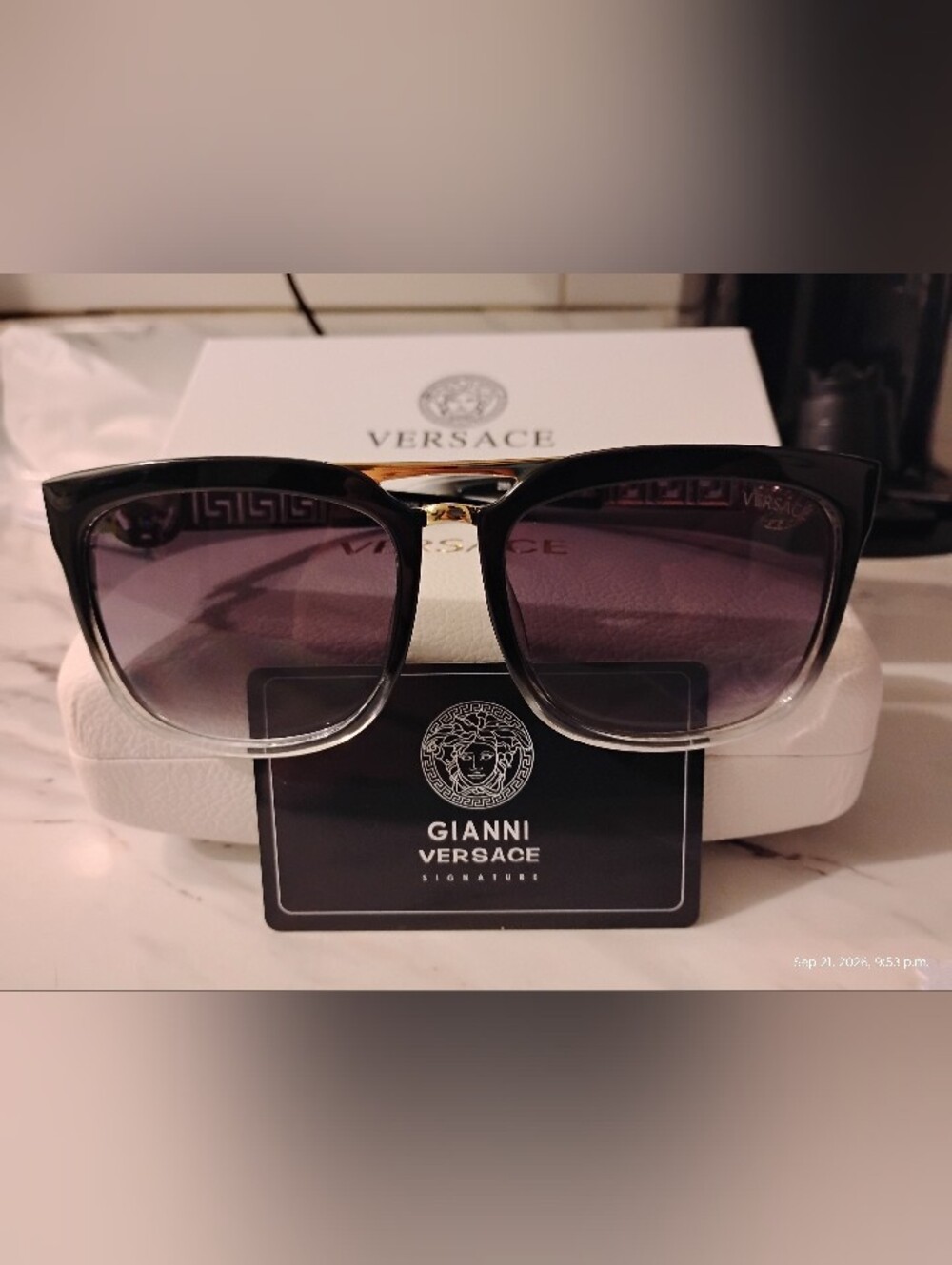 Versace Black to Clear Frame Sunglasses with Purple Gradient Lenses